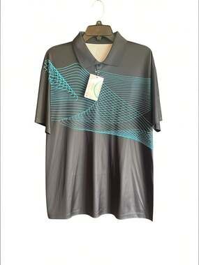 V VALANCH Men's XL Athletic Golf Polo Shirt Black with Teal Geometric Wave